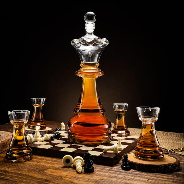 Whiskey Chess Decanter Set with Four Rook Glasses & Board Unique Gift for Men