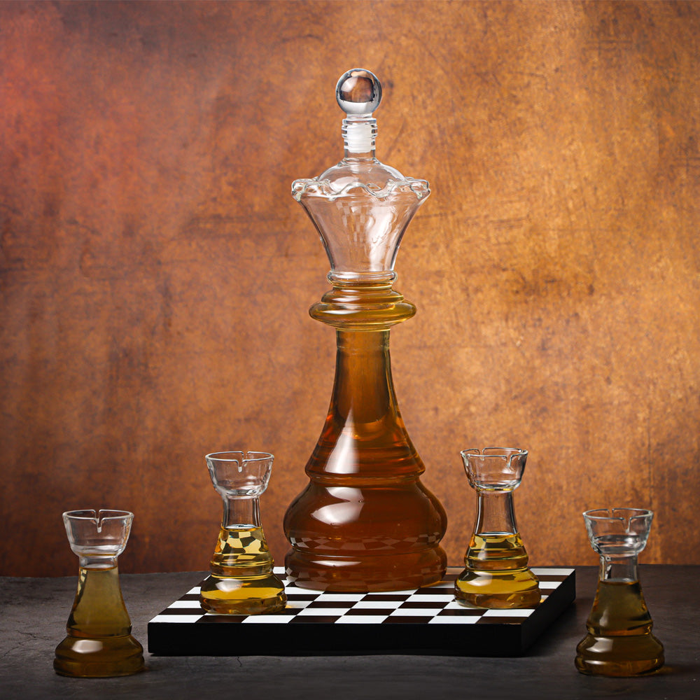 Whiskey Chess Decanter Set with Four Rook Glasses & Board Unique Gift for Men