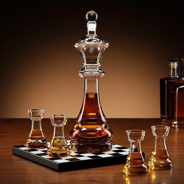 Whiskey Chess Decanter Set with Four Rook Glasses & Board Unique Gift for Men